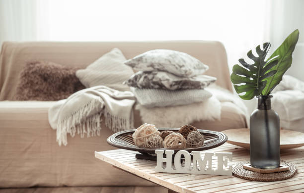 istock Cozy bright living room with sofa and pillows. 1182116002