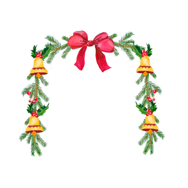 モミの枝、鐘と赤い弓と水彩のクリスマスリース。白い背景に花のはがきと招待状を挨拶するためのイラスト。 - greeting red ribbon bow点のイラスト素材／クリップアート素材／マンガ素材／アイコン素材