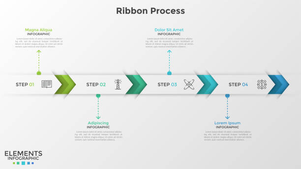 Modern Infographic Template Horizontal ribbon or stripe divided into 4 arrow-like parts with thin line pictograms inside. Concept of 4 successive steps of business development. Infographic design template. Vector illustration. timeline infographics stock illustrations