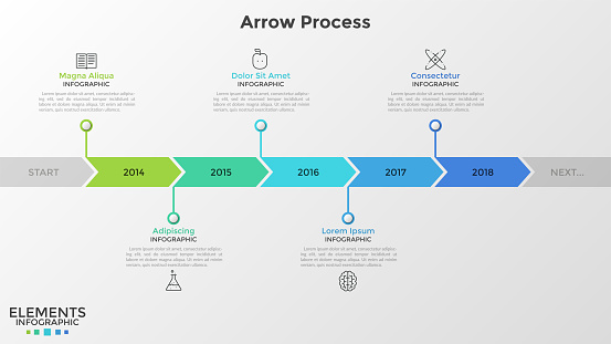 Horizontal stripe or timeline divided into arrow-like parts with year indication inside. Concept of annual development of company. Infographic design template. Vector illustration for presentation.