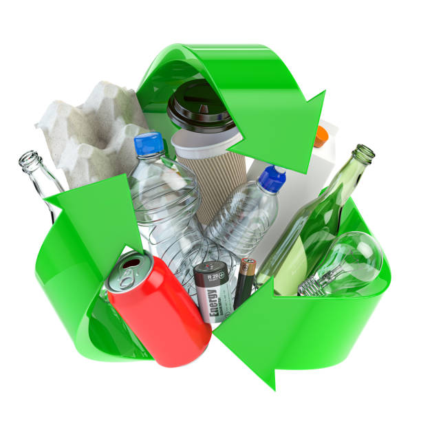 Recycle sign with different types of waste. Garbage and trash sorted by plastic, e-waste, metal, glass and paper. Ecology and green energy concept. Recycle sign with different types of waste. Garbage and trash sorted by plastic, e-waste, metal, glass and paper. Ecology and green energy concept. 3d illustration recycle symbol cut out stock pictures, royalty-free photos & images