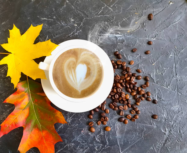cup of coffee autumn leaf on concrete background