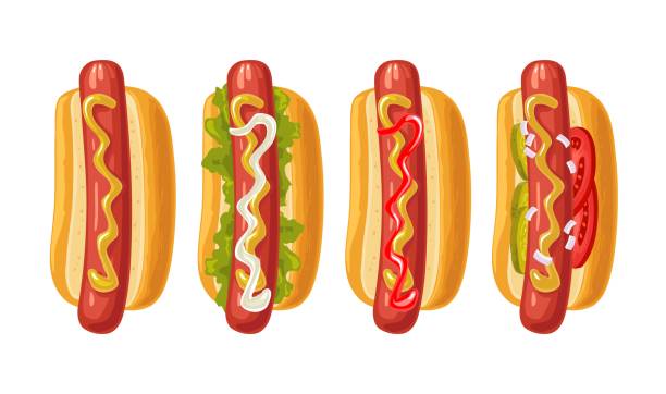 bildbanksillustrationer, clip art samt tecknat material och ikoner med 4 olika typer hotdog med tomat, ketchup, mayo, sallad, senap, lök. flat ikon för vektor färg - hotdog