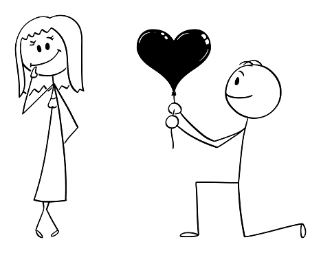 Vector cartoon stick figure drawing conceptual illustration of man in love kneeling and giving heart shape ballon to shy woman.