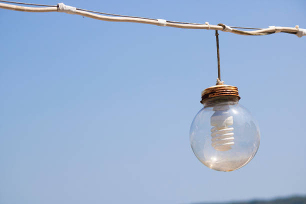 istock Transparent sphere and light bulb with savings inside. Hanging with cable. 1182128338