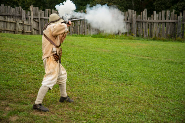 Plymouth MA - October 8, 2018: Actors performs at the Pilgrim Homes, Plimoth Plantation, Massachusetts