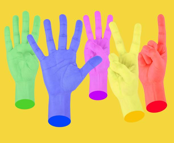 istock Five counting hands,Fashion creative concept on yellow pop art background. 1182132662