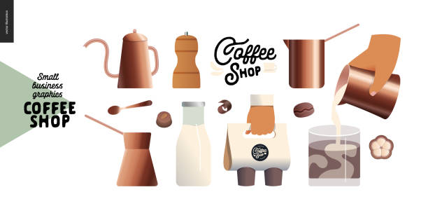 ilustraciones, imágenes clip art, dibujos animados e iconos de stock de cafetería - gráficos para pequeñas empresas - cafeteras - chocolate pot de creme