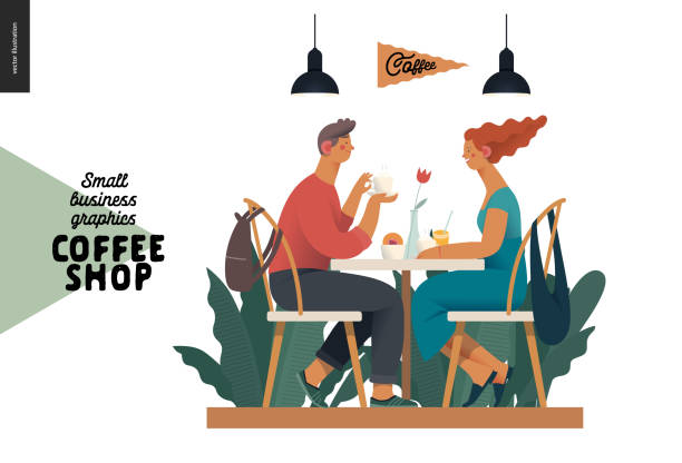 Coffee shop - small business graphics - visitors Coffee shop -small business illustrations -visitors -modern flat vector concept illustration of a young couple, cafe visitors, sitting at the table with coffee, lamps above surrounded by plants cinnamon stick spice food stock illustrations