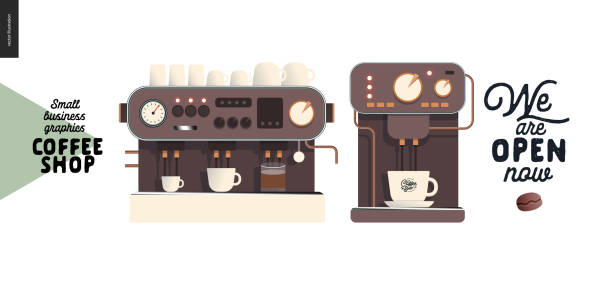 ilustraciones, imágenes clip art, dibujos animados e iconos de stock de cafetería - gráficos para pequeñas empresas - máquinas de café - espresso coffee cream coffee shop
