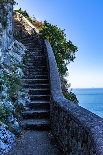 Scala Fenicia (Phoenician Steps) is steep stone stairway from Capri Marina Grande to Anacapri, Campania, Italy