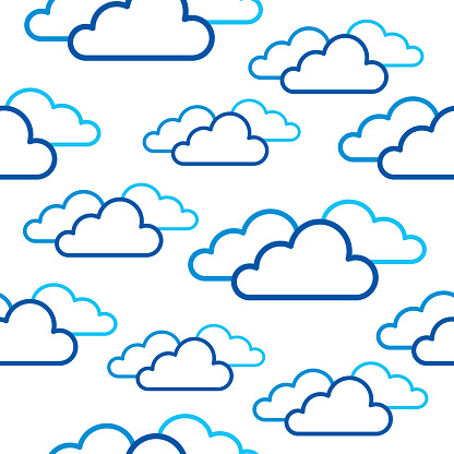 Vector seamless pattern of blue clouds on a white background.