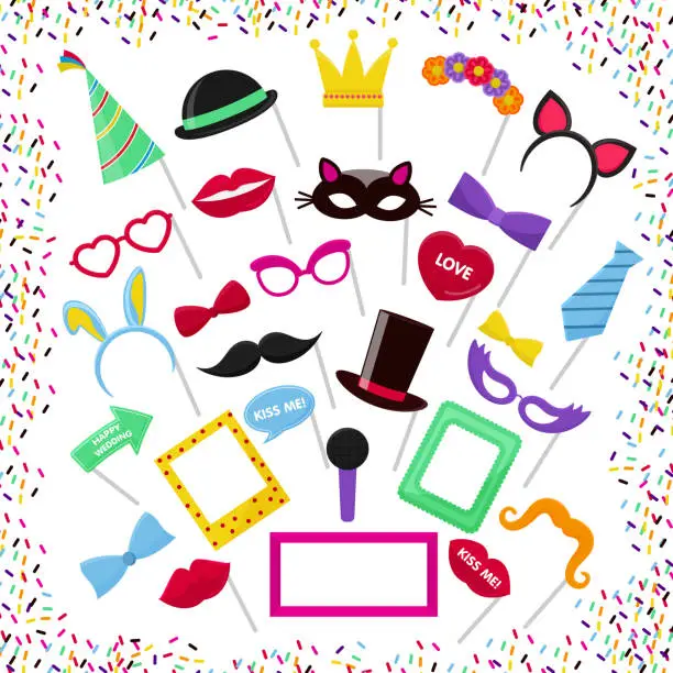 Vector illustration of Photo booth vector mask glasses costume hat on birthday party we