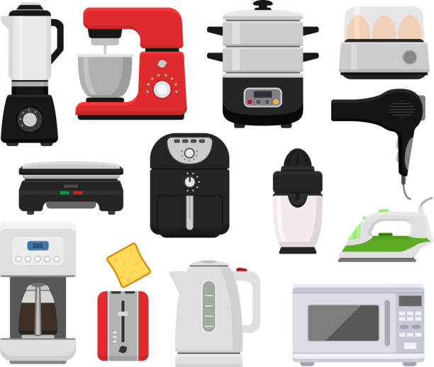 ilustrações de stock, clip art, desenhos animados e ícones de household appliances vector kitchen homeappliance for house set cooker or washing machine in electric shop and microwave in appliancestore isometric illustration isolated on background - studio equipment illustrations