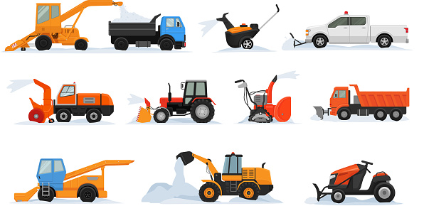 Snow removal vector winter vehicle excavator bulldozer cleaning removing snow illustration snowy set of snowplow equipment tractor truck snowblower transportation isolated on white background