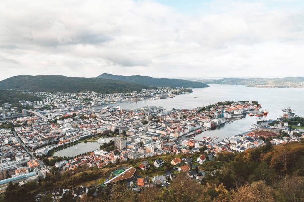 Aerial view of Bergen, from top of Mount Fløyen View of Bergen from Floyen, aerial view, cityscape, Bergen harbor. City of bergen in Norway. fløyen stock pictures, royalty-free photos & images