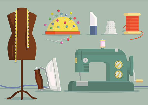 illustrazioni stock, clip art, cartoni animati e icone di tendenza di creazione di strumenti e attrezzature. - sewing dressmakers model tape measure mannequin