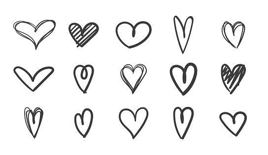 Heand drawn heart icon set. Black heart sketch art on background. Live broadcast of video, chat likes. Love symbol