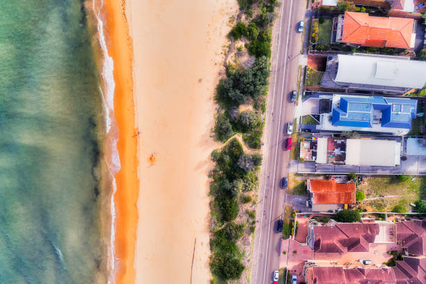d woy umina short beach top down - australia new south wales aerial view landscape stock-fotos und bilder