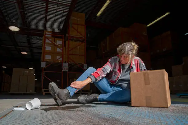 Photo of A warehouse, logistics safety topic.  A female employee falls after slipping on a spilled drink.