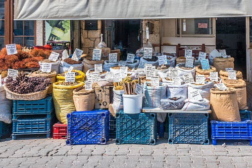 Alacati, Turkey - September 6th 2019: Shop selling spices and dried foods. The country is famous for its spices.