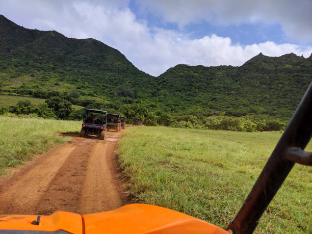 off road vehicle tour - hawaii islands mountain kauai sea photos et images de collection