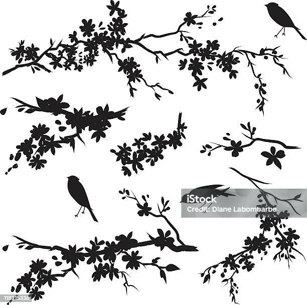Cherry Blossom Branches In Bloom Birds Black Silhouette Stock Illustration - Download Image Now
