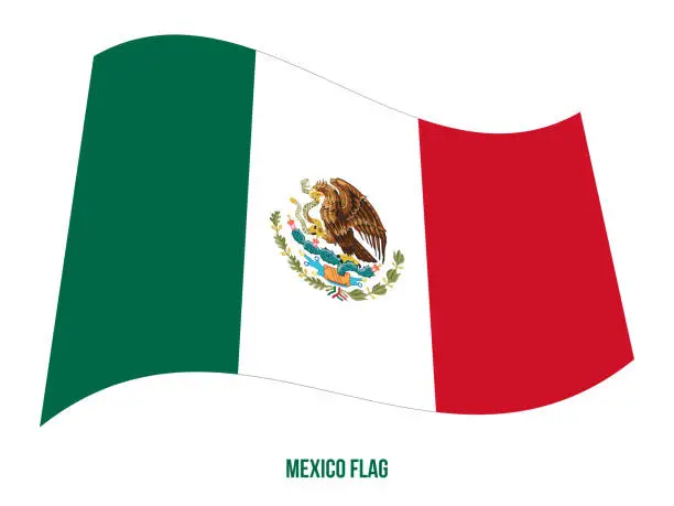 Vector illustration of Mexico Flag Waving Vector Illustration on White Background. Mexico National Flag.