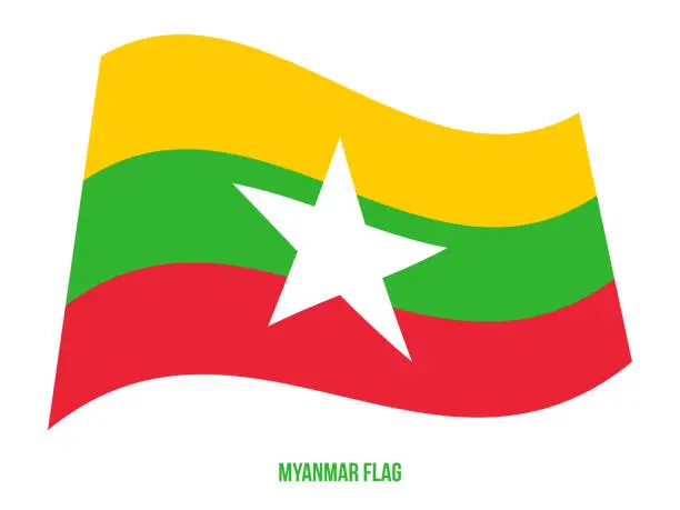 Vector illustration of Myanmar Flag Waving Vector Illustration on White Background. Myanmar National Flag.