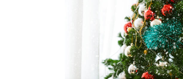 istock christmas tree with decorating items with white soft curtain background with free copy space for text ideas 1182162651