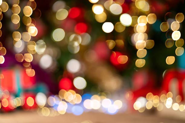 christmas background concept with wood floor and decorating items bokeh background