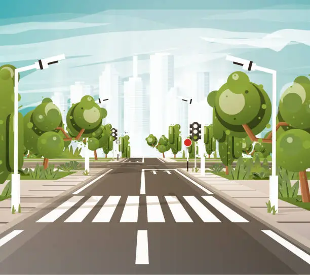 Vector illustration of Empty Road with Crosswalk, Road Markings, Sidewalk for Pedestrians, Trees and Traffic Lights.