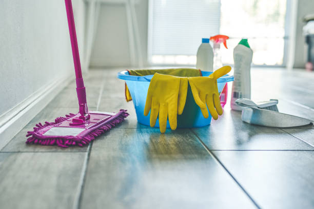 High angle shot of various cleaning products at home