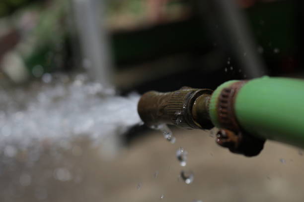 istock Spray water to the soil and plants using a green hose 1182179630