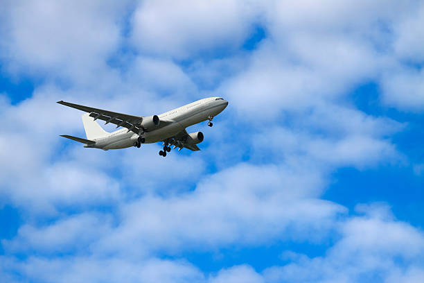 Airplanes Flying in a Blue Cloudy Sky, Side View stock photo