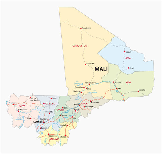 road and administrative map of the Republic of Mali road, political and administrative map of the Republic of Mali mali stock illustrations