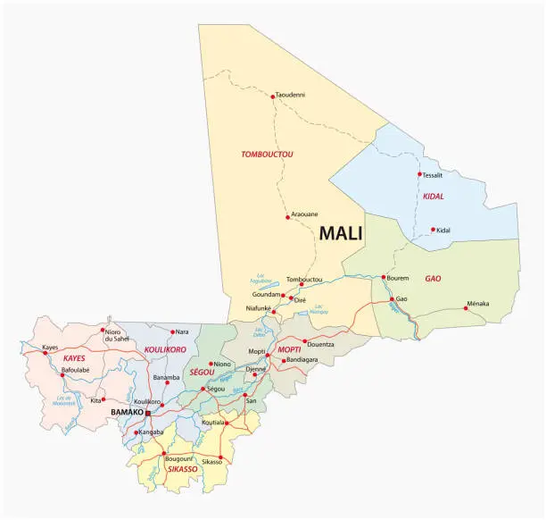 Vector illustration of road and administrative map of the Republic of Mali