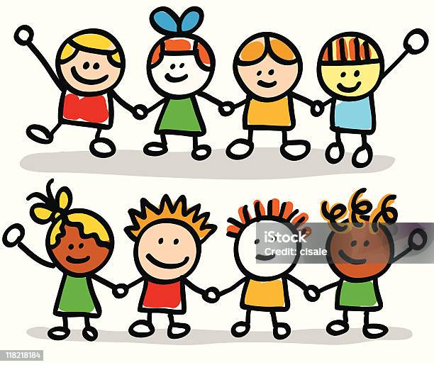 Criança Feliz Grupo De Amigos De Mãos Dadas Mulher Ilustração - Arte vetorial de stock e mais imagens de Amizade