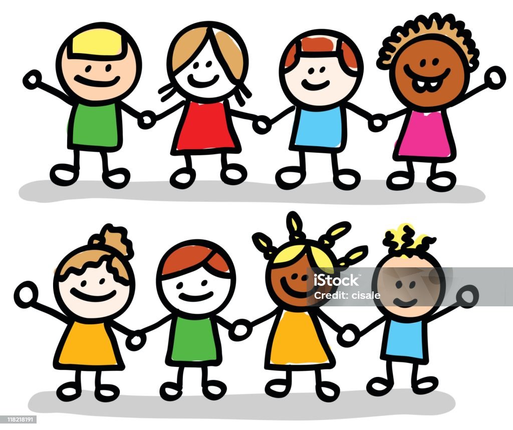 Niños felices amigos: Las niñas y niños grupo ilustración de dibujos animados sosteniendo las manos - arte vectorial de Agarrados de la mano libre de derechos