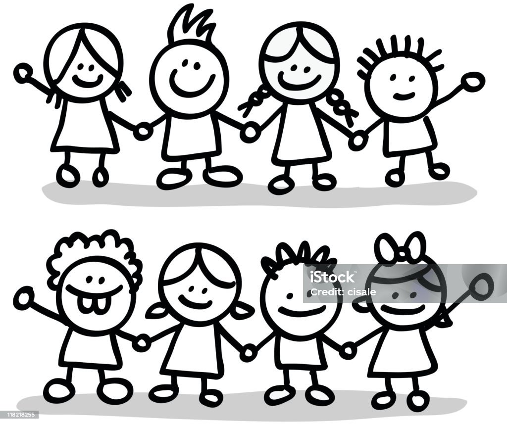 Lineart Happy Children Friends Group Holding Hands Cartoon ...