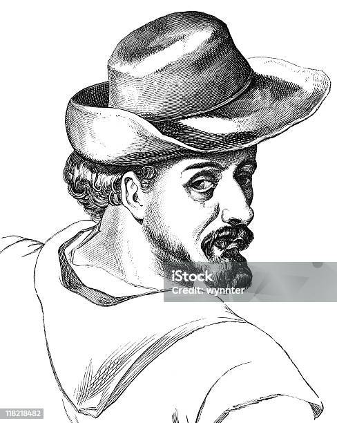 빈티지 세로는 Of 미구 엘을 De Cervantes 미겔 데 세르반테스에 대한 스톡 벡터 아트 및 기타 이미지 - 미겔 데 세르반테스, 모자-모자류, 새긴 이미지