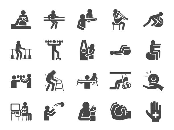 rehabilitation saum-symbol gesetzt. enthalten icons wie erholung, physiotherapie, pflegeheim, therapeut, krankenhaus, physiologie und vieles mehr. - drogenrehabilitation stock-grafiken, -clipart, -cartoons und -symbole
