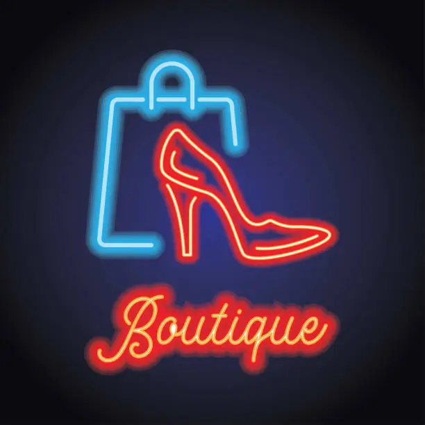 Vector illustration of boutique advertisement plank with neon light effect. vector illustration