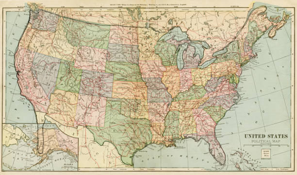 ilustraciones, imágenes clip art, dibujos animados e iconos de stock de mapa de estados unidos 1899 - montana map usa old