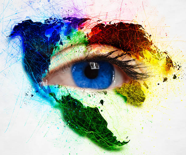 Blue eye close up and earth map as make up. Ecology concept