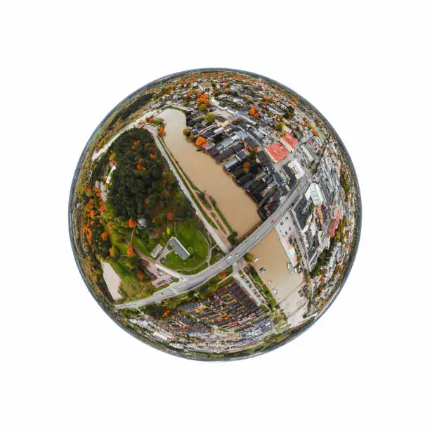 A three dimensional panoramic aerial view of the Old town of Porvoo, Finland in a mini planet panorama style.