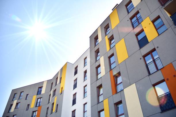 istock Modern apartment buildings on a sunny day with a blue sky. 1182190613