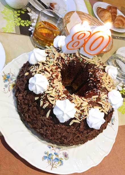 istock 80th candels birthday cake on plate at breakfast 1182190879