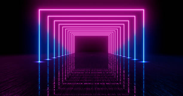 istock 3d Render. Geometric figure in neon light against a dark tunnel. Laser glow. Neon backgrounds 1182191803