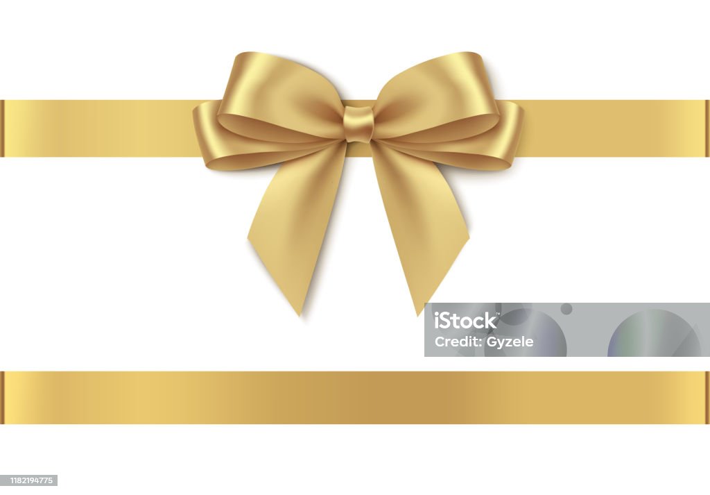 白い背景に隔離された水平リボンを持つ装飾的な金色の弓。 - リボンのロイヤリティフリーベクトルアート